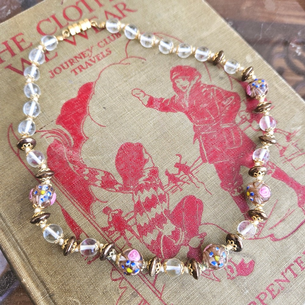 Vintage Murano Wedding Cake Lampwork Floral Glass Bead Necklace Gold Midcentury - Picture 3 of 5